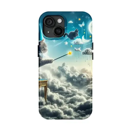 Wizard Cat Casting Spells Above Clouds