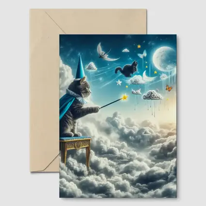 Wizard Cat Casting Spells Above Clouds
