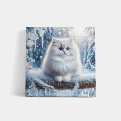 Fluffy White Cat Snowy Winter Forest