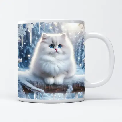 Fluffy White Cat Snowy Winter Forest