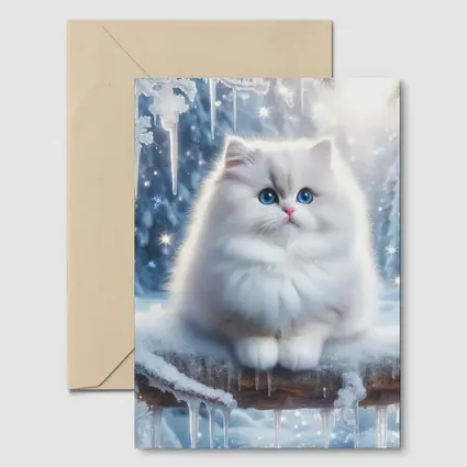Fluffy White Cat Snowy Winter Forest
