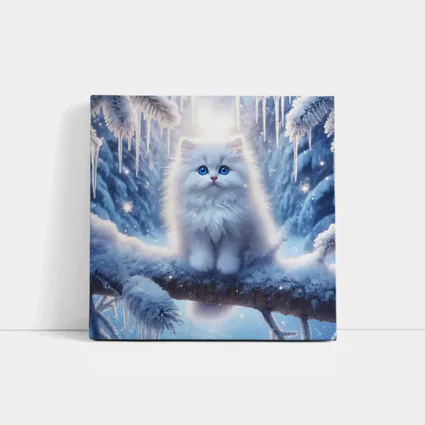 White Fluffy Kitten Sitting On Snowy Branch