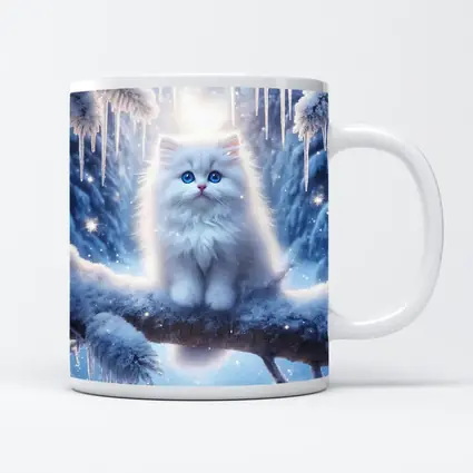 White Fluffy Kitten Sitting On Snowy Branch