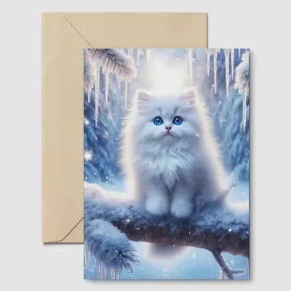 White Fluffy Kitten Sitting On Snowy Branch