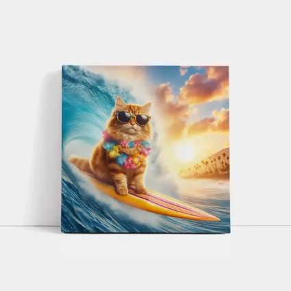 Orange Cat Surfing Ocean Wave Sunset