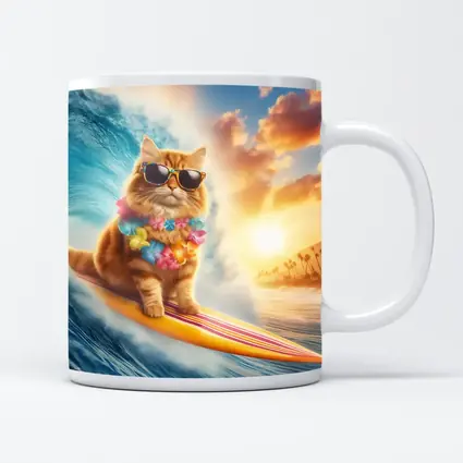 Orange Cat Surfing Ocean Wave Sunset