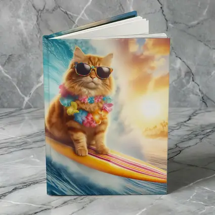 Orange Cat Surfing Ocean Wave Sunset