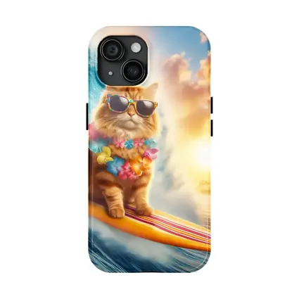 Orange Cat Surfing Ocean Wave Sunset