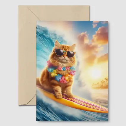 Orange Cat Surfing Ocean Wave Sunset