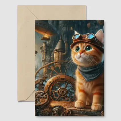 Orange Tabby Cat Steampunk Gears City