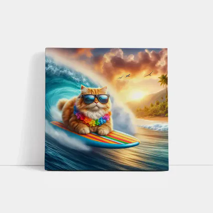 Orange Cat Surfing Tropical Ocean Wave