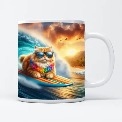 Orange Cat Surfing Tropical Ocean Wave