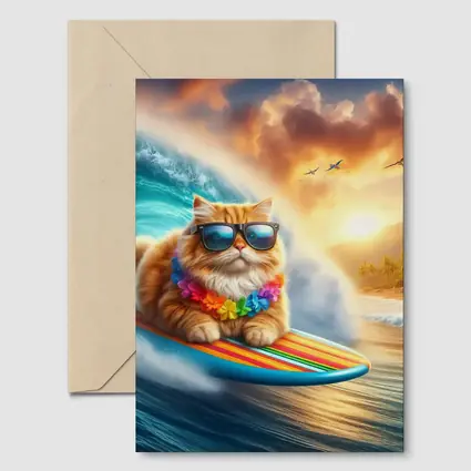 Orange Cat Surfing Tropical Ocean Wave