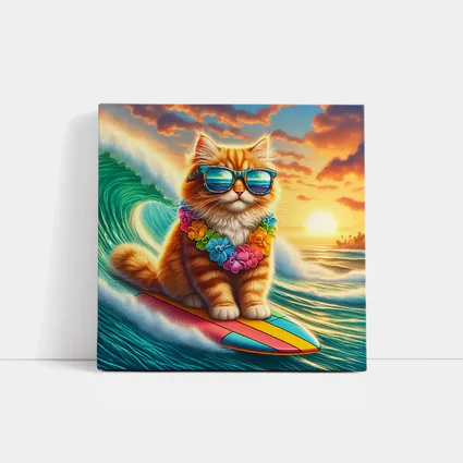 Orange Cat Surfing Ocean Wave Sunset