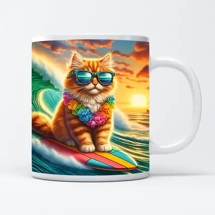Orange Cat Surfing Ocean Wave Sunset