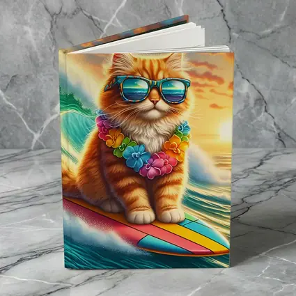 Orange Cat Surfing Ocean Wave Sunset