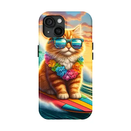 Orange Cat Surfing Ocean Wave Sunset