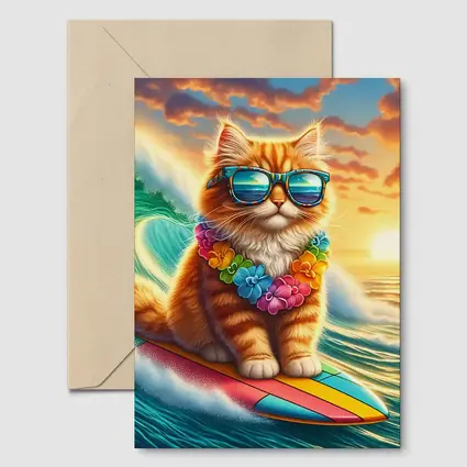 Orange Cat Surfing Ocean Wave Sunset
