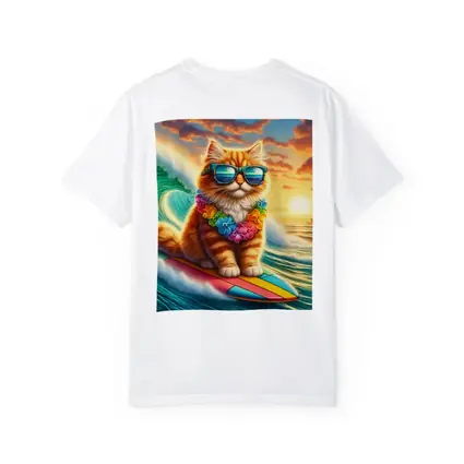 Orange Cat Surfing Ocean Wave Sunset