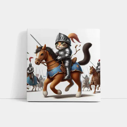 Cat Knight in Armor Riding Horse