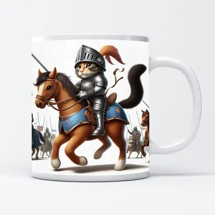 Cat Knight in Armor Riding Horse