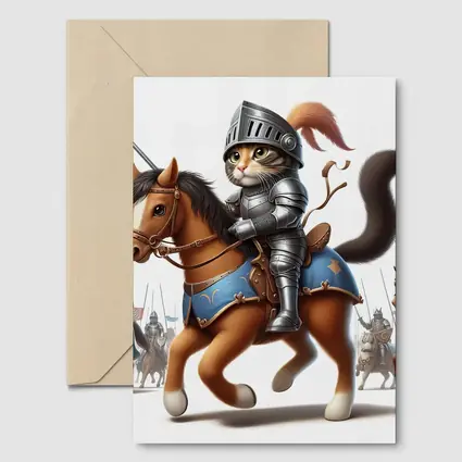 Cat Knight in Armor Riding Horse