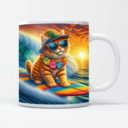 Orange Tabby Cat Surfing Ocean Sunset Waves