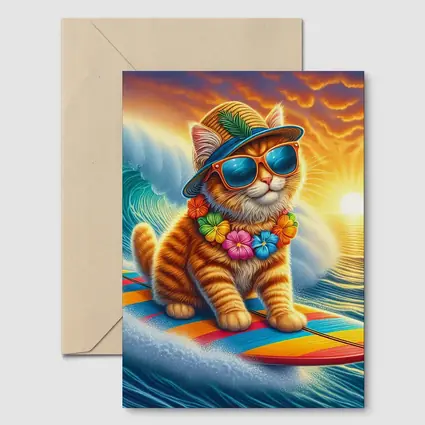 Orange Tabby Cat Surfing Ocean Sunset Waves
