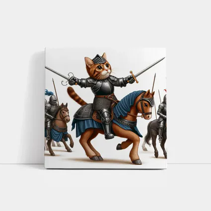 Orange Cat Knight Riding Horse With Swords