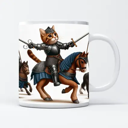 Orange Cat Knight Riding Horse With Swords
