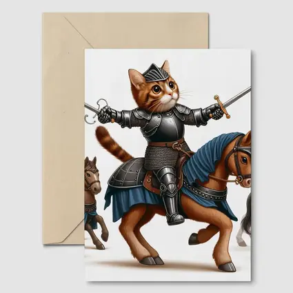 Orange Cat Knight Riding Horse With Swords