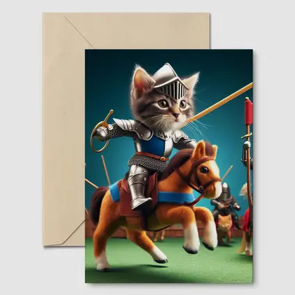 Kitten Knight Jousting on Toy Horse