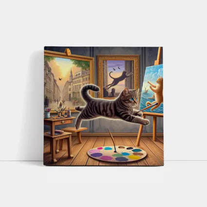 Playful Tabby Cat Artist Studio Painting