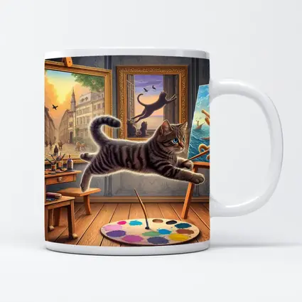 Playful Tabby Cat Artist Studio Painting