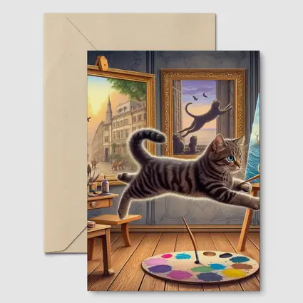 Playful Tabby Cat Artist Studio Painting