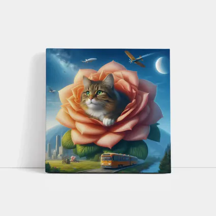 Cat Resting Inside Giant Rose Surreal Sky