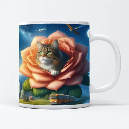 Cat Resting Inside Giant Rose Surreal Sky