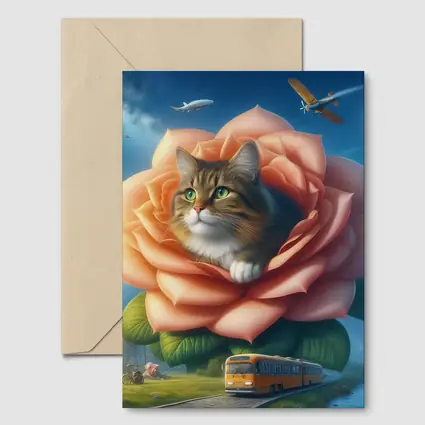Cat Resting Inside Giant Rose Surreal Sky