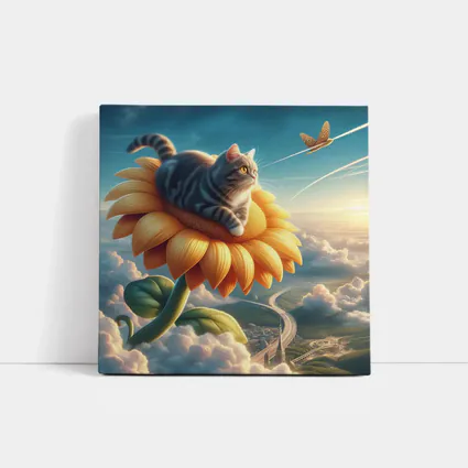 Tabby Cat Riding Sunflower Above Clouds