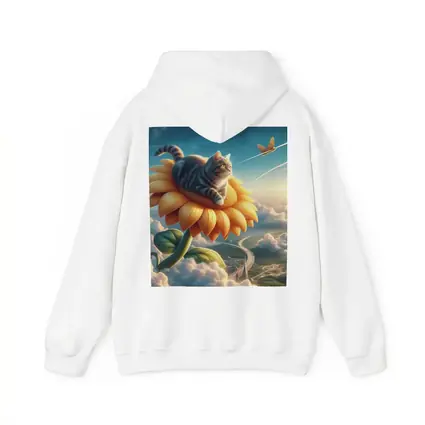 Tabby Cat Riding Sunflower Above Clouds