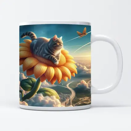 Tabby Cat Riding Sunflower Above Clouds