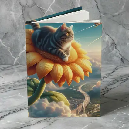 Tabby Cat Riding Sunflower Above Clouds