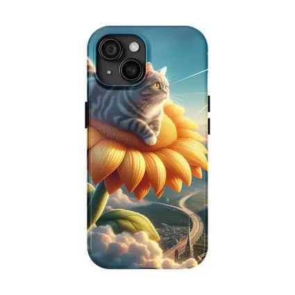 Tabby Cat Riding Sunflower Above Clouds