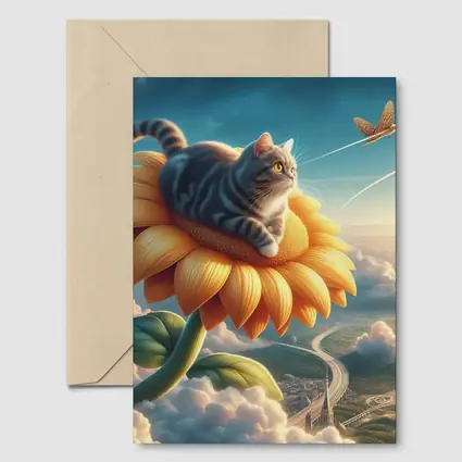 Tabby Cat Riding Sunflower Above Clouds