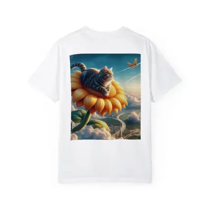 Tabby Cat Riding Sunflower Above Clouds