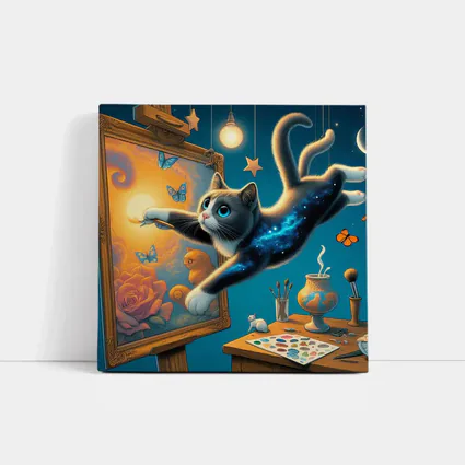 Galaxy Cat Painting at Night Studio