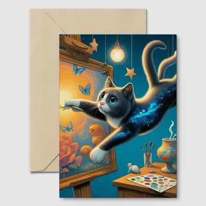 Galaxy Cat Painting at Night Studio