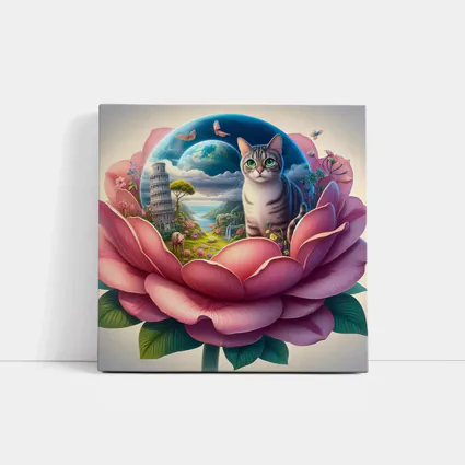 Gray Cat Sitting Inside Giant Pink Peony