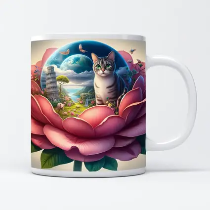 Gray Cat Sitting Inside Giant Pink Peony