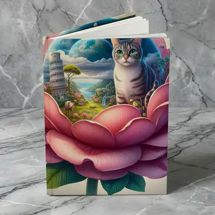 Gray Cat Sitting Inside Giant Pink Peony
